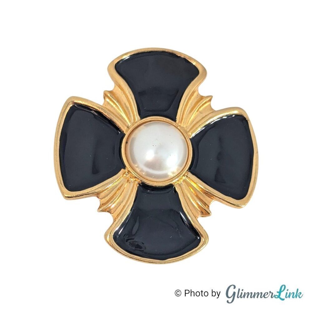 Vintage Black Enamel Maltese Cross Faux Pearl Gold Tone Scarf Clip Dress Clip